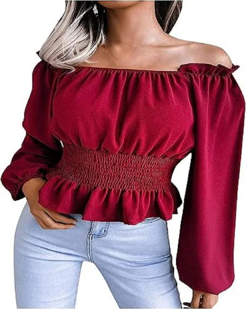 Shoppy Assist-Trendy Stylish Offshoulder Stretchable Balloon Shaped Full Sleeves Crop Top for Women-Western Tops for Jeans/Plazzo/BF Jeans/Skirts
