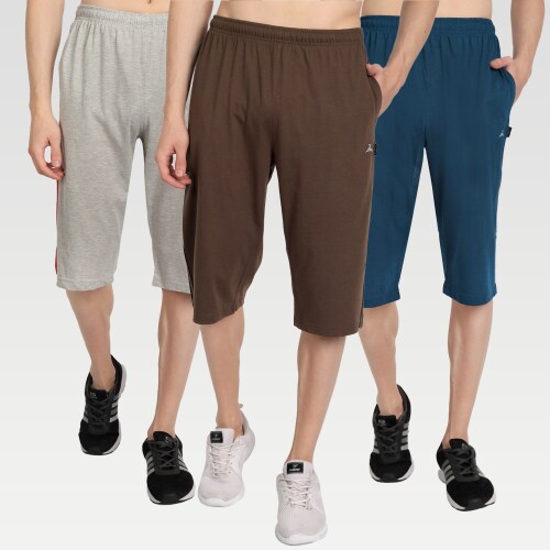 ZEFFIT Men's Regular Fit Cotton Blend Capri |Shorts Three Quarter| Comfort Three Fourths Pack Of 3 - Airforce, Grey & Coffee