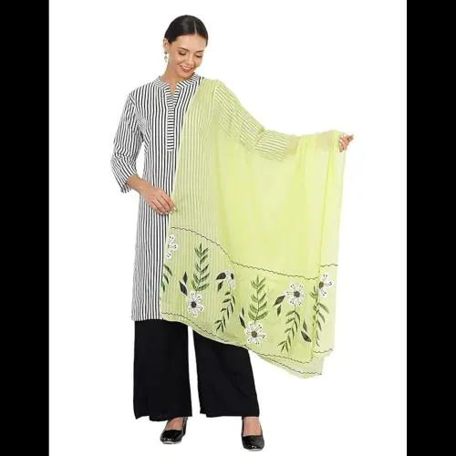 Rangoli Creations Woman Black & White Stripped Designer Kurti Plazzo Green Dupatta set (XXL)