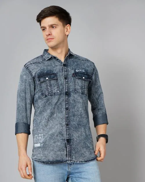 GRAND STITCH Mens Denim Double Pocket Full Sleeve Shirt