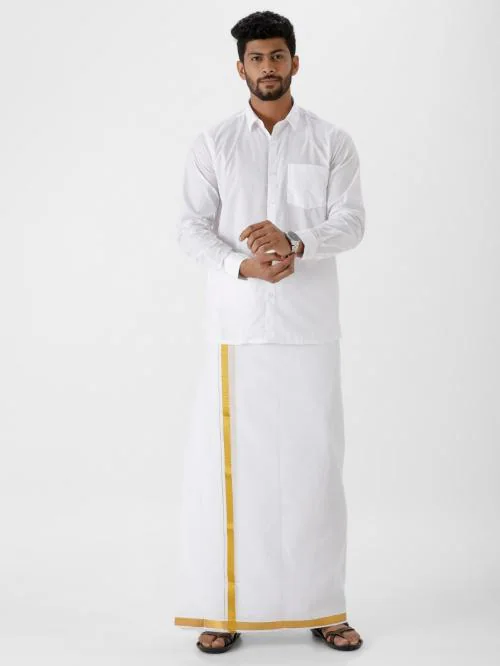 Ramraj Men Cotton blend Solid Spread collar Long sleeves Shirt with Vesti.