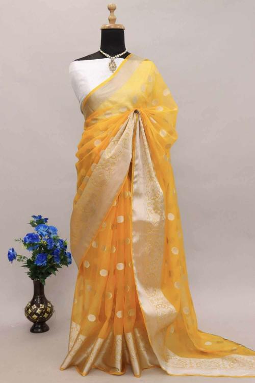 MBL Women Yellow Woven Design Organza Party Bollywood Saree with Unstitched Blouse Piece