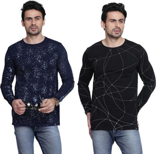 Hipsters Fashion Men Blue, Black Cotton Blend Printed Full Sleeve Pack Of 2 Round Neck T-Shirt, Hf-223-Stf-S-Indigoblue_204-Cn-Fs (M)