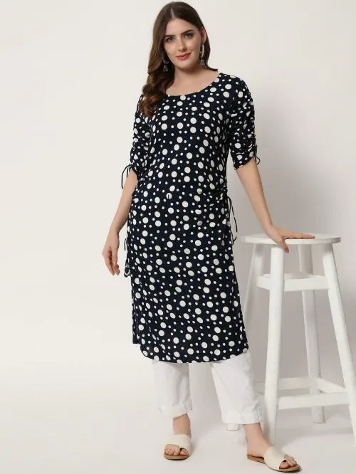 ftDiva Women Rayon Polka Dot Printed Straight Kurta in Black