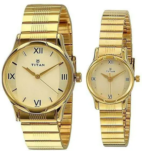 Titan Free Size Beige Dial Gold Strap Analog Watch For Couple - (15802490YM02)