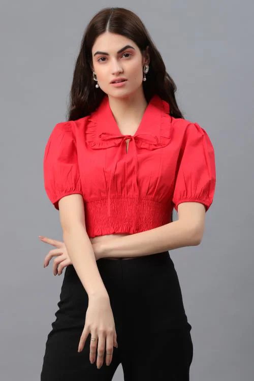 Pretty Loving Thing Collared Neck Puff Sleeve Solid Red Color Crop Tops for Women