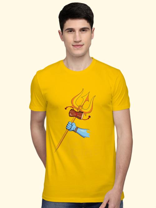 BLISSINK SHIVA Trishul Printed Yellow Cotton Tshirt for Men