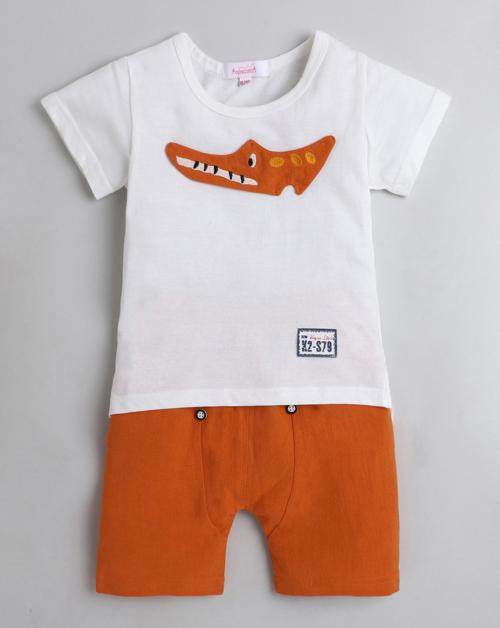 Hopscotch Baby Boys Cotton Animal Print T-shirt And Shorts Set In Orange Colour For Ages 12-18 Months (MY-2436732)