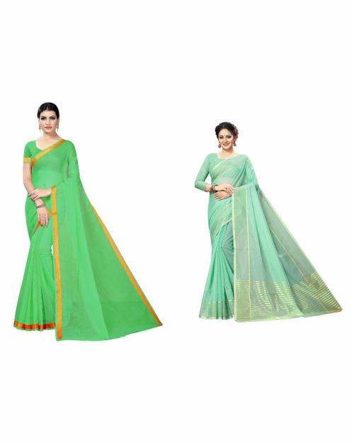 VKARAN Women's Rama & Firozi Colour Cotton Silk Saree With Blouse pack of 2