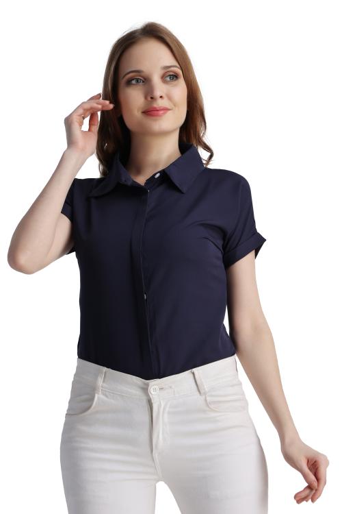 AML FASHION HUB Navy Blue Color Solid Crepe Casual Shirt