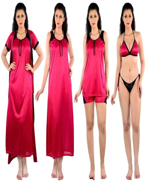 Women's Night Dress and Nighties Red Satin Nightwear 6pc Robe & Nighty Set