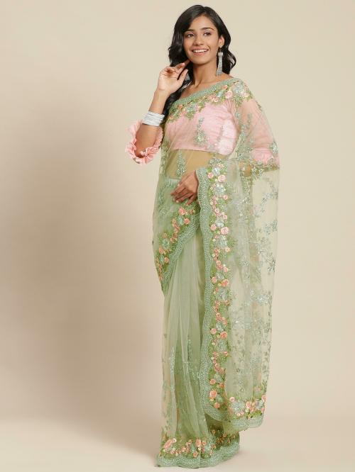 Chhabra 555 Green Net Resham Embroidered Saree with Scalloped Zari border