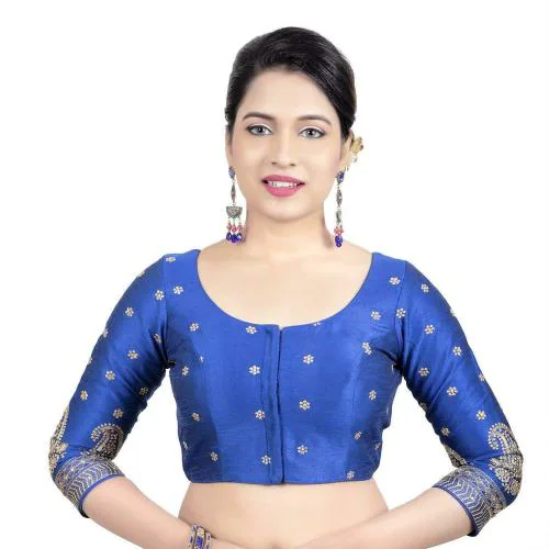 Areum Women Royal Blue Embroidered Dupion Silk Blouse (38)