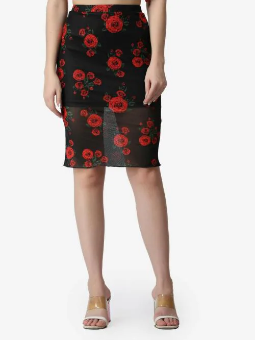 Popwings Partywear Black Floral Printed Knee Length Pencil Lining Skirt For Women | Women Latest Design Skirt | Women Stylish Skirt | Skirts For Women Western Wear
