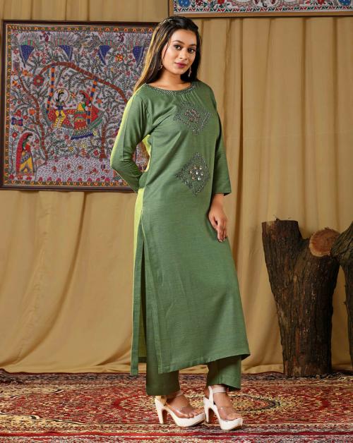 HALFSAREE STUDIO Dusty Green Pure Cotton Kurta with Handwork