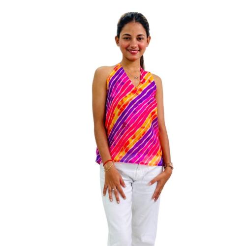 KAJRAKH Pink Lehariya Halter Neck Kota Doria for Girls and Women