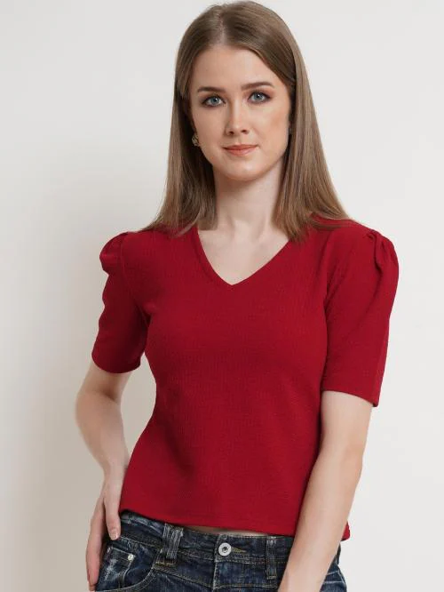 Popwings Women Casual Puff half Sleeves V Neck Maroon Top