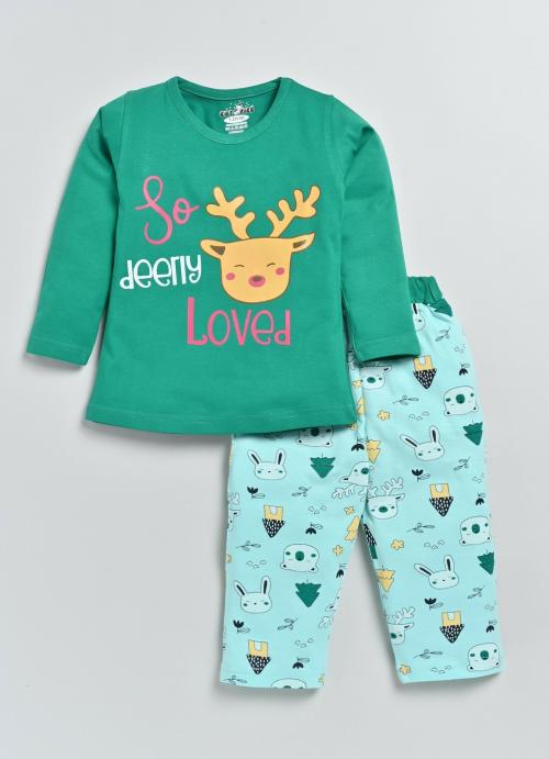 Cutopies Baby Girl Green Full Sleeve Printed Tshirt and Pant Set (Pack of 1)