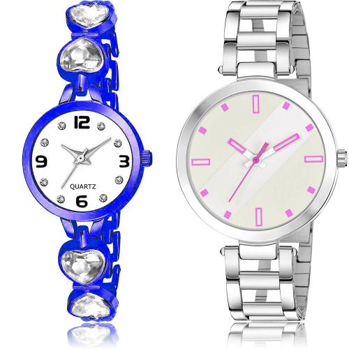 NEUTRON Classical Italian Designer Love Heart Chain And Simple Chain Blue And Silver Colour Analog Metal Belt 2 Watch Combo For Women And Girls - G658-GM238