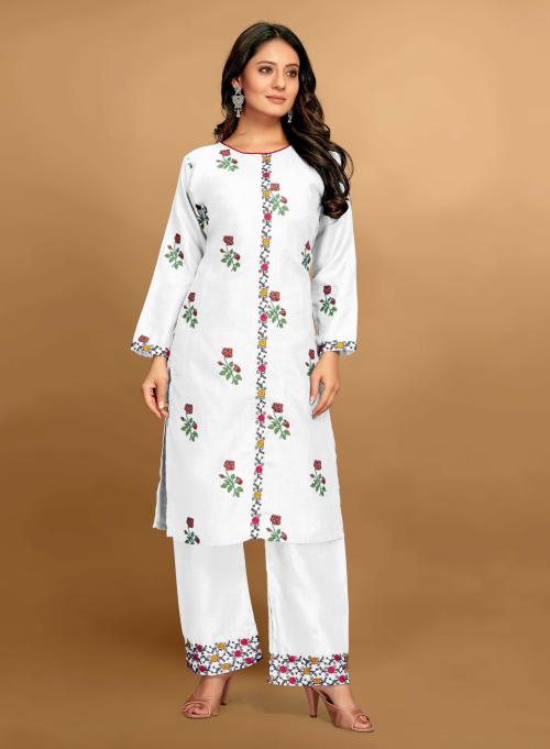 Panghat Colllection Women White Self Design Cotton Blend Kurta With Palazzo (L)