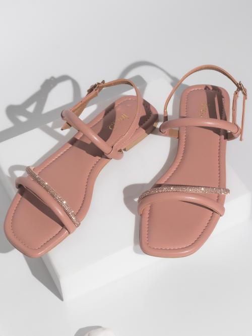 Inc.5 Women Peach & Silver Toned Embellished Open Toe Flats