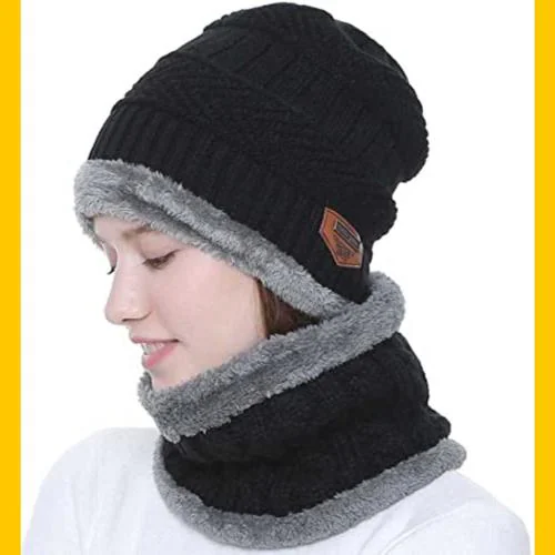 MYY Woolen Hat Cap, Woolen Neck Warmer Scarf Men & Women (pack of 1, Black)