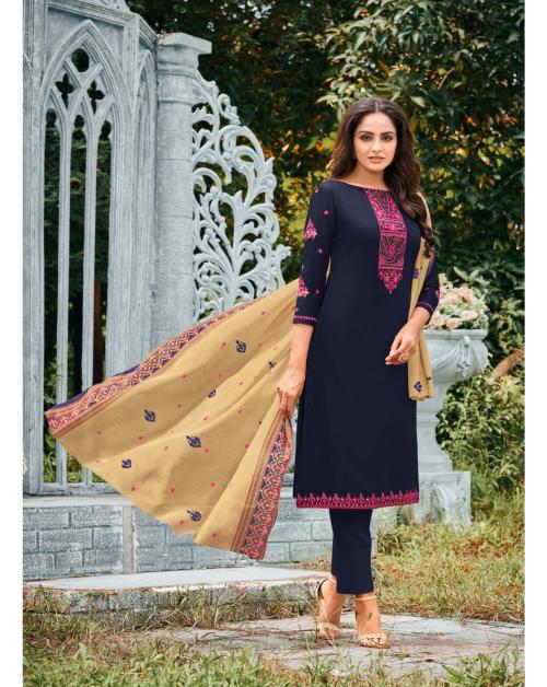 Navy Blue & Beige Jam Silk Embroidered Dress Material With Digital Printed Dupatta