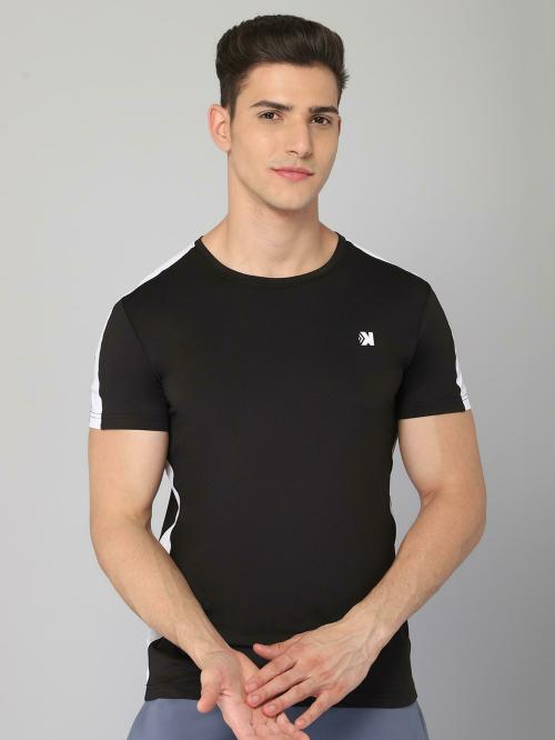 JACKDANZA Men Black Color block Polyester Round Tshirts (S)