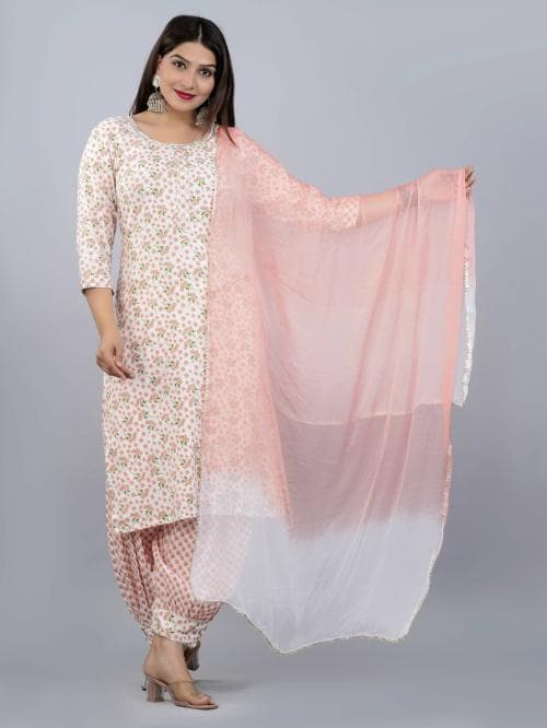Ruvya Women White, Pink Printed Viscose Rayon Kurti, Patiala and Dupatta Set