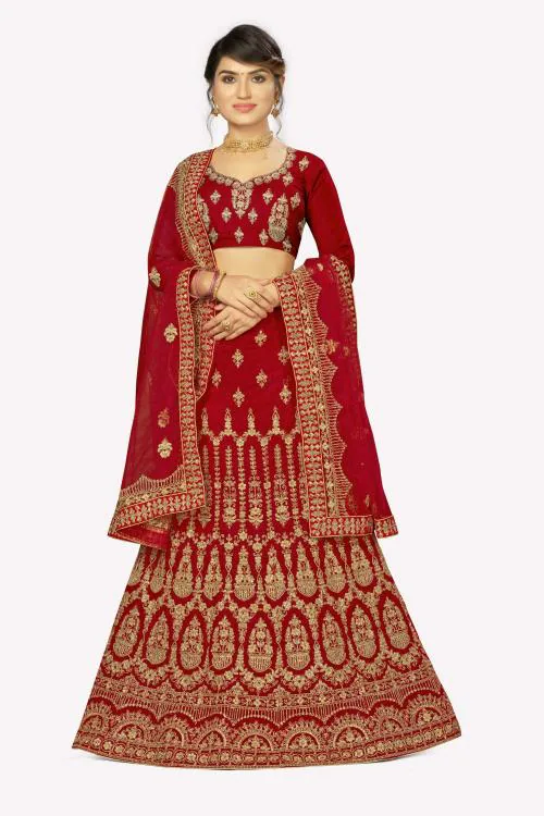 Manvaa Women Red Embroidered Velvet Lehenga Choli