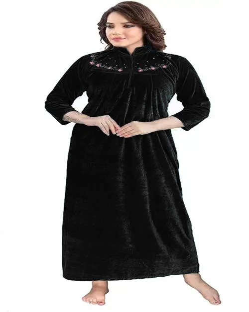 Women's Nighty Wool Floral Maxi Velvet Nighty For Winter Woolen Nighty (Black)
