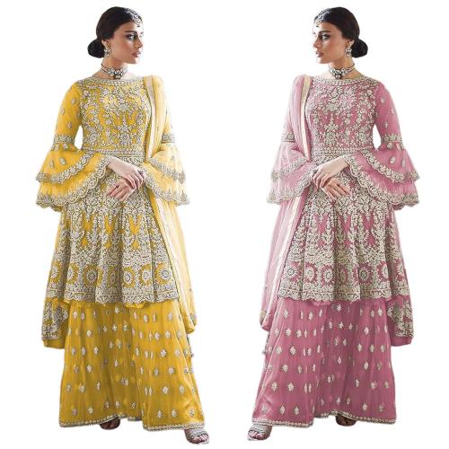 SAAHMRIGA Women Pink, Yellow Embroidered Net Set Of 2 Kurta Palazzo Set And Kurta Palazzo Set Dress Material