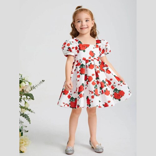 Buy & Try Girl's Satin Sizuka Flower Printed Frock Dress for Kids. Red