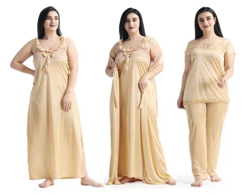 Night keys Women's Satin Plain/Solid Gold Night suiit & Nighties Set Pack of 4(Free size)