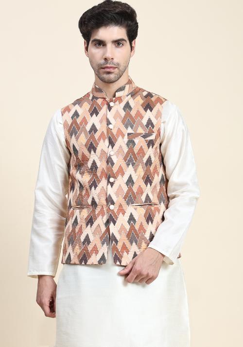 Aany's Culture Dark Coffee Floral Pattern Polyester Wedding Nehru Jacket (Koti) S