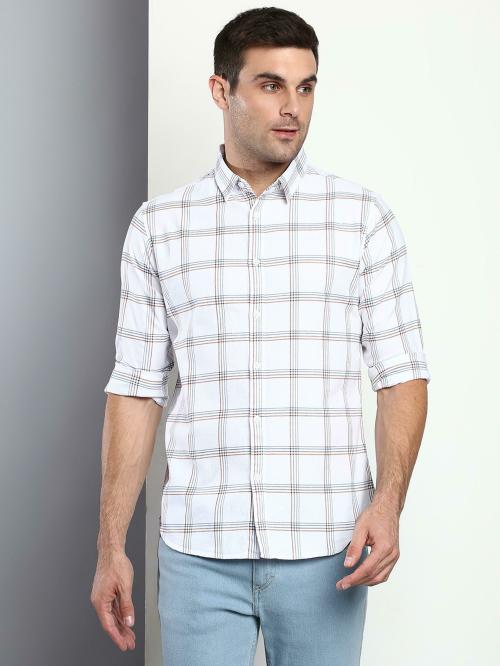 Dennis Lingo Men's Slim Fit Cotton Checkered Full Sleeves Casual Shirt (White)
