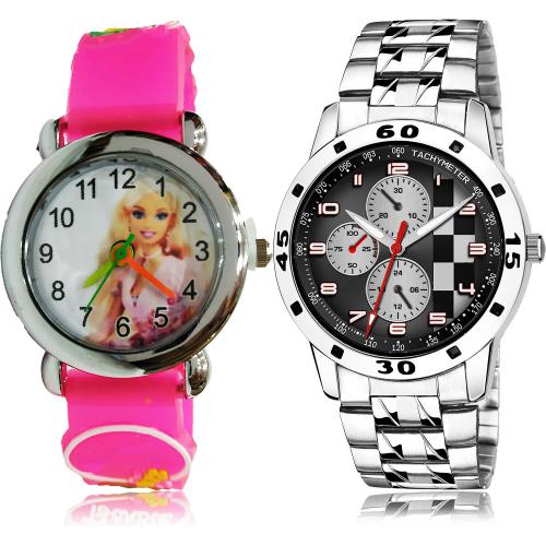 GROOT Modern Gift Doll Kids And Silver Chain Pink And Silver Colour Analog Plastic And Stainless Steel Belt 2 Watch Combo For Boys And Men - BK21-(15-S-19)