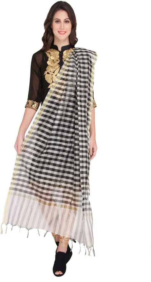 Dupatta Bazaar Women Black Checkered Dupion Silk Dupatta