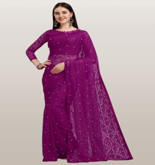 Vragi's Present Wine Net saree with Blouse Piece