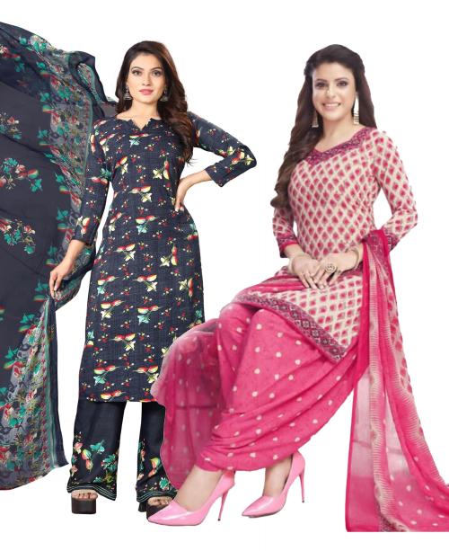 Iris Women Dark Blue, Pink Crepe Floral Print, Printed, Geometric Print Unstitched Salwar Suit Material - Cmb_Dm1007