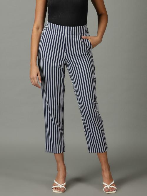 SHOW OFF Women's Navy Blue Striped Formal Trousers Polyester Trouser