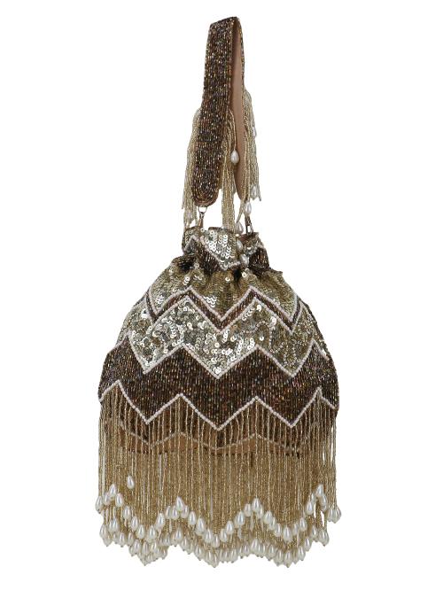 Anekaant Lotus White, Silver & Blue Chevron Embellished Faux Silk Potli