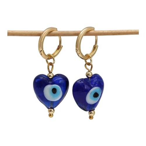 SHILPMART HEART Evil Eye Dangle Earrings for Women, White Blue Bead Design, Clip-On BLUE HEART