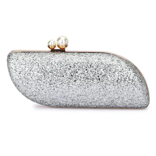 Tooba Handicraft Metallic Silver Leather Women Designer Clutch Bag With Chain Strap