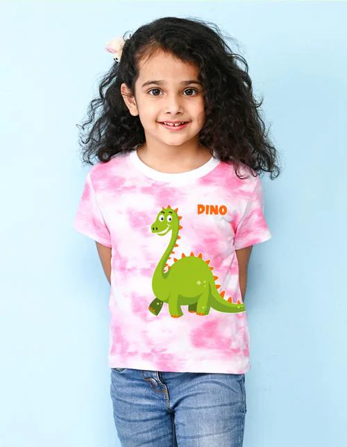 Nusyl girls pink dino printed tie & dye tshirt.