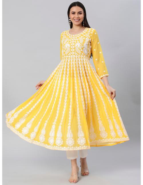 Shubhisha Fashion Women's Yellow Embroidered Chikankari Georgette Anarkali Kurta