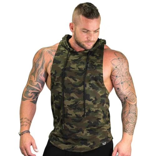 Men Hooded Tank Tops Gym Fitness Bodybuilding Training Sleeveless Hoodie Sweatshirt Singlet Vest Size -L