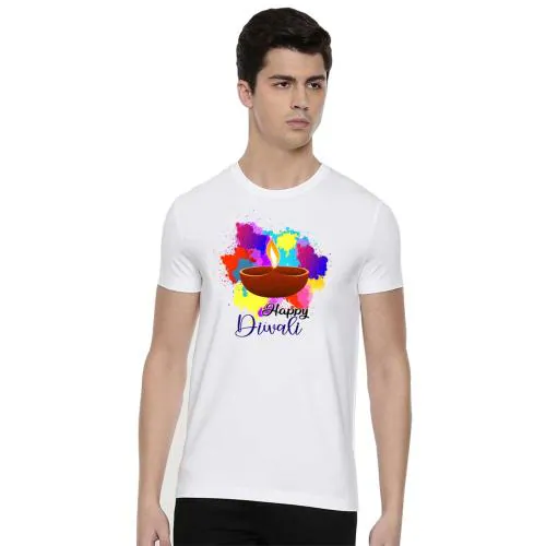 BRATMA Men White Happy Diwali Printed Cotton T-Shirt (XXL)