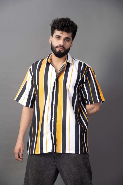 Brown Brothers Men White, Black, Yellow Striped Cotton Blend Casual Shirt (S)