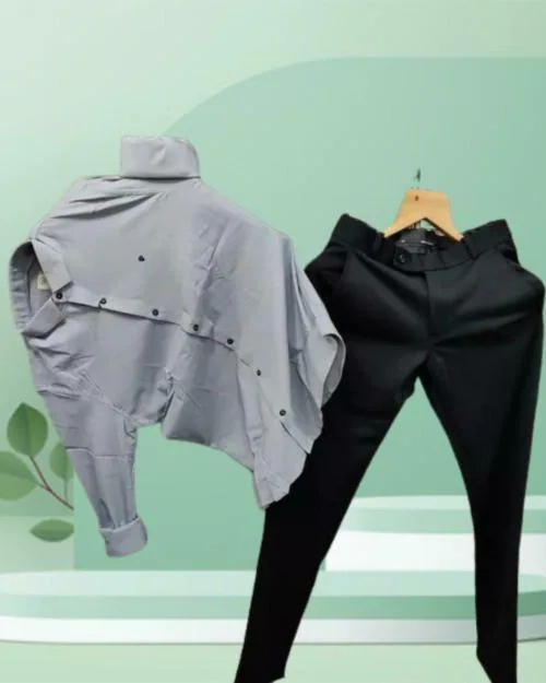 KALANABH Grey shirt & Black pant pair- Men's plain grey Casual Shirt with Long Sleeves & Laser Cut Collar- Regular Black formal Cotton Pant -Casual Wear Shirts & Pant for Men for Every Occasion (PACK OF 1 PAIR SIZE-X XL)